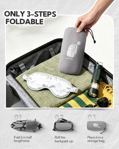 WATERFLY Packable Hiking Backpack, 20L Small Lightweight Foldable Daypack | Phone Pocket, Only 3 Steps Foldable, Breathable Shoulder Strap, Comfortable Folding Bag Pack for Women Men Travel Outdoor - color: Grey
