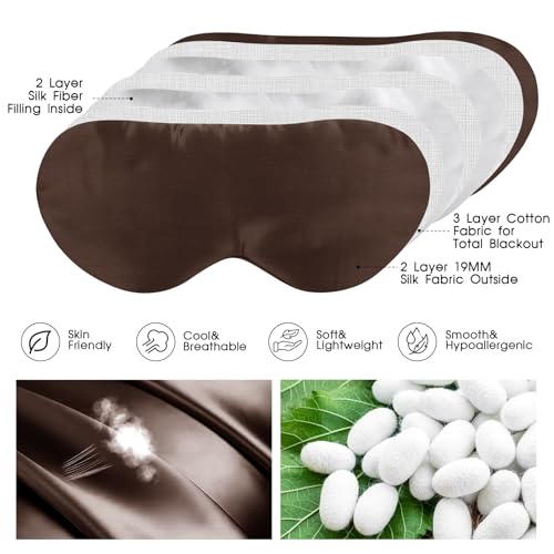 100% Mulberry Silk Eye Mask for Sleeping with Silk Wrapped Adjustable Strap,Brown - color: Brown
