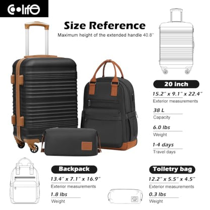 Coolife Luggage 3 Piece Set, Carry-On Hardside Suitcase, Travel Backpack - color: Black, size: 3 piece set (BP/TB/20)