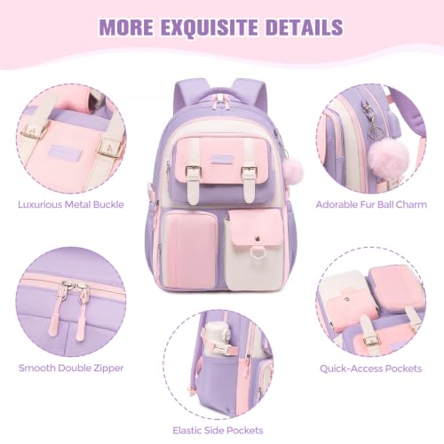 Backpack for Girls, School Backpacks for Teen Girls with Lunch Box - color: Purple Pink