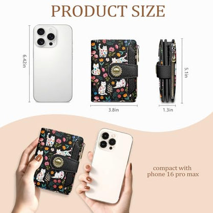 Icycay Cat Wallet Women Small RFID Blocking Bifold Cute Credit Card Holder - color: Cat Flowers