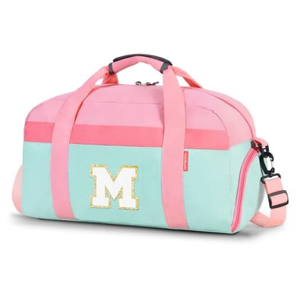 Initial Kids Duffle Bag for Boys or Girls, Kids Overnight Bag with Shoe Compartment, Personalized Weekender bags, Birthday Gifts for Women Boys Girls(Pink Green-Letter M) - color: Pink Green, style: M