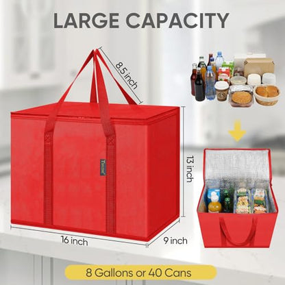 BALEINE Insulated Reusable Grocery Bags with Zippered Top, Large Cooler Bag - color: Bright Red, size: 2 Pack