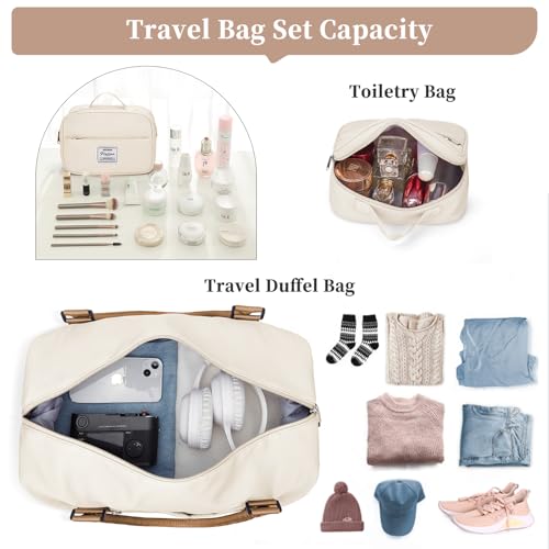 Weekender Bags for Women, Personal Item Travel Bag with Shoes Compartment - color: Beige & Brown, size: Medium