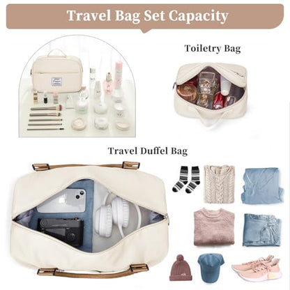 Weekender Bags for Women, Personal Item Travel Bag with Shoes Compartment - color: Beige & Brown, size: Medium