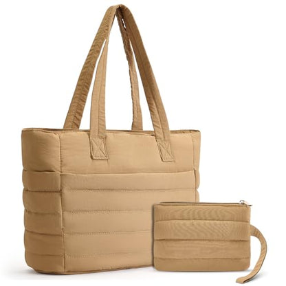 Axcone Puffer Tote Bag for Women Lightweight Quilted Work with Multi-Pockets, Laptop Compartment and Makeup Pouch Gift - color: Khaki