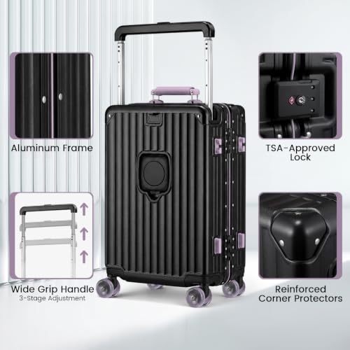 Xtaeptos 20 Inch Wide Handle Carry on Luggage with Double Spinner Wheels - color: Black + Purple