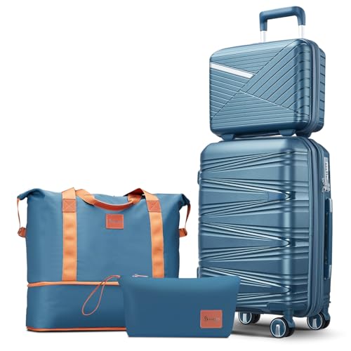 TRAVELEO Expandable Carry-On 4 Piece Luggage Set Built-in TSA Lock - color: Peacock Blue, size: Carry On Set (14in/20in/DB/TB)