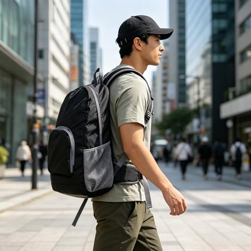 Foldable Lightweight Backpack, Packable Waterproof Daypack with Mesh Shoulder Straps for Hiking Camping Shopping Travel（Black