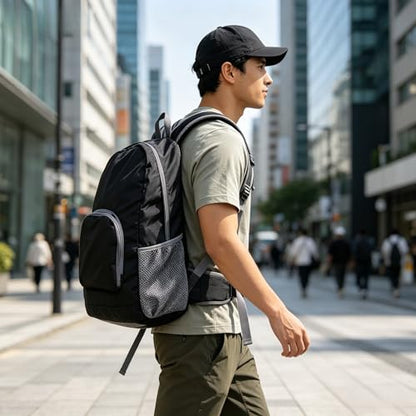 Foldable Lightweight Backpack, Packable Waterproof Daypack with Mesh Shoulder Straps for Hiking Camping Shopping Travel（Black