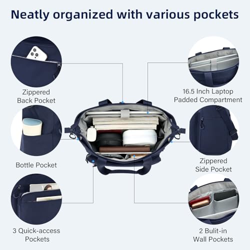 HanTrip Large Laptop Tote Bag with Luggage Sleeve for Travel Work,Navy Blue - color: Navy Blue