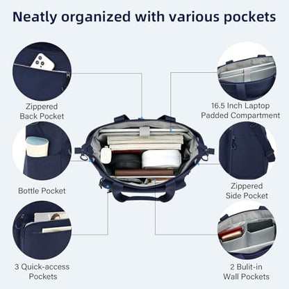 HanTrip Large Laptop Tote Bag with Luggage Sleeve for Travel Work,Navy Blue - color: Navy Blue