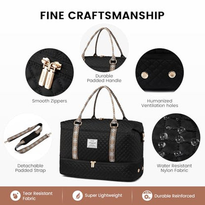 LOVEVOOK Travel Duffle Bag,Weekender Bags for Women with Shoe Compartment - color: Black-tape2, size: Large-2 Pcs