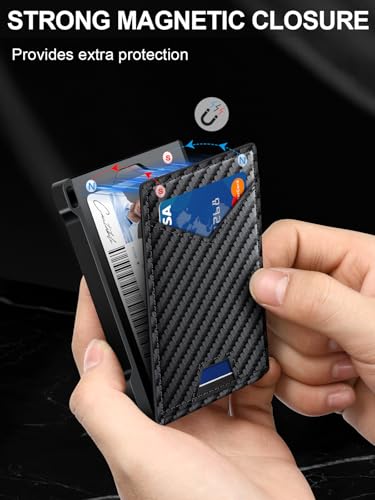 Wallet for Men RFID Wallet with 2 ID Windows & Money Clip, Slim Card Holder - color: Carbon Fiber + Blue