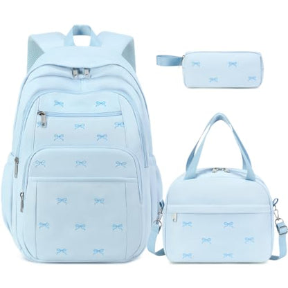 DIGOBAY Backpack for Girls, 3PCS Embroidered Bow Girls Backpack Set - color: Blue Bow