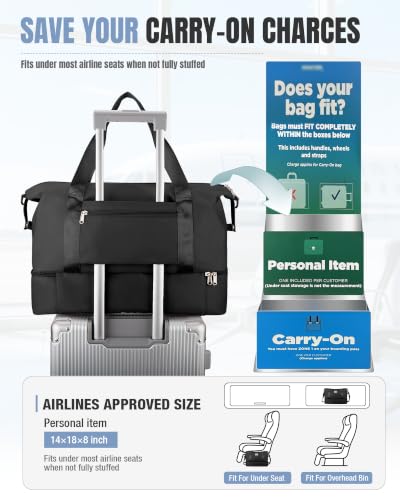 Weekender Bags for Women Travel Weekend Overnight Bag with Shoe Compartment - color: B -Black + Packing Cube