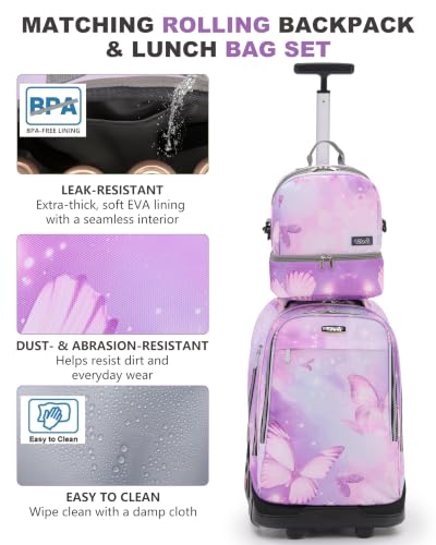 NEW TILAMI 19 Inch Rolling Backpack with Lunch Bag School, Purple Butterfly - color: Butterfly