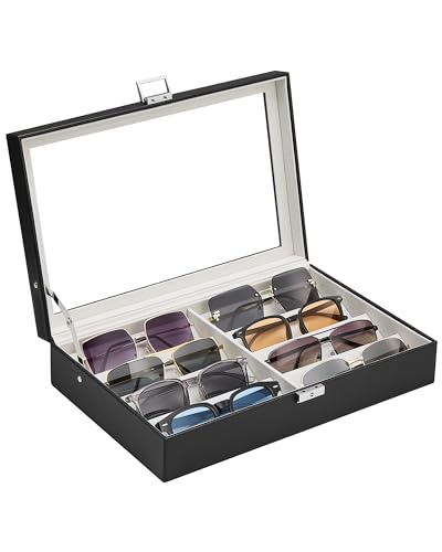 ProCase 8/16 Slots Sunglasses Organizer Box with Clear Glass Lid & Lock, PU Glasses Storage Display Case with Tilted Dividers - color: Black, size: 8 Slots