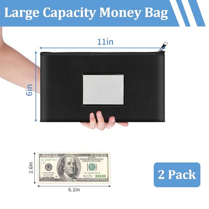 2 Pack PU Leather Bank Money Bags with Zipper & Label, Black & Navy Blue - color: Black & Navy Blue