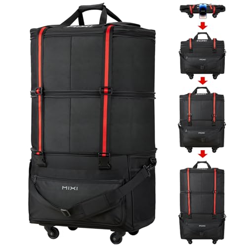 mixi Travel Bag with Wheels Expandable Foldable Luggage Bag Collapsible Rolling Travel Bag Duffel Bag Large Capacity Suitcase for Men Women, Black - color: Black
