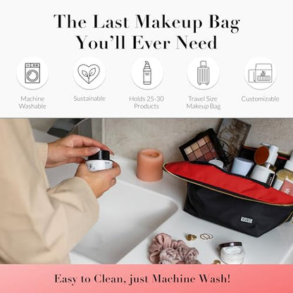 KUSSHI Washable Travel Makeup & Cosmetic Bag - Brush Organizer Sold Separately (Vacationer, Satin Black/Red) - color: Satin Black/Red, size: Vacationer (Large) Bag