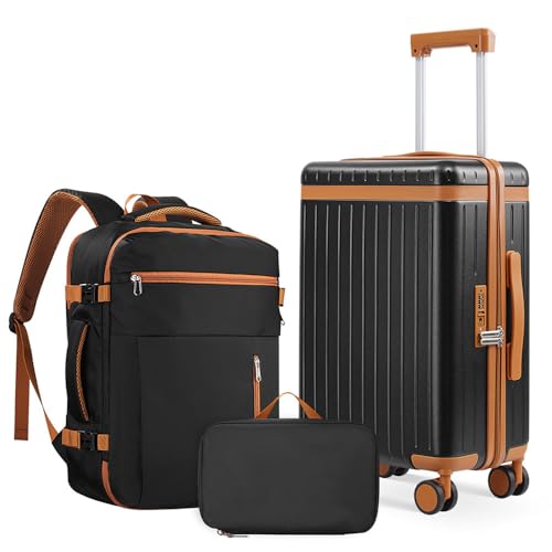 3 Piece Carry On Luggage Set with Backpack, Black-Brown | PC+ABS Travel Suitcase Sets Hardshell Rolling Luggage Lightweight Durable - color: Black-Brown, size: 20''/BP/TB