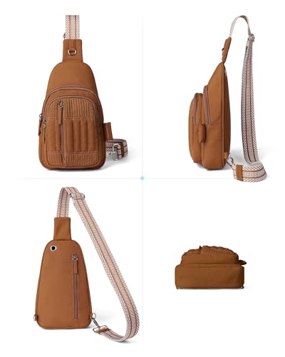 HomemeDiary Sling Bag Quilted Crossbody Bags for Women Cross Body Purse Puffer RFID Fanny Pack for Travel, Hiking, Daily - color: Dark Brown With Guitar Strap