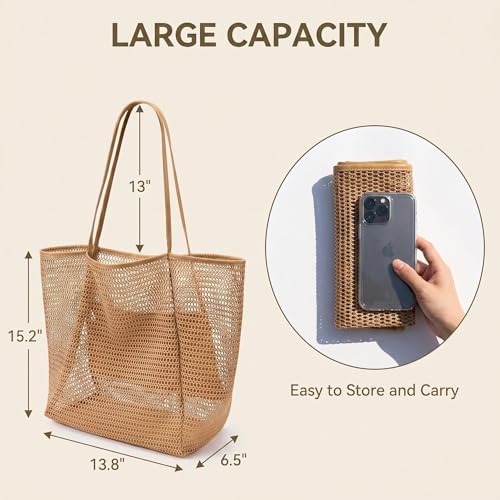 Mesh Beach Tote Bag for Women, Sandproof Quick Dry Foldable Travel Bag - color: Khaki