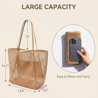 Mesh Beach Tote Bag for Women, Sandproof Quick Dry Foldable Travel Bag - color: Khaki