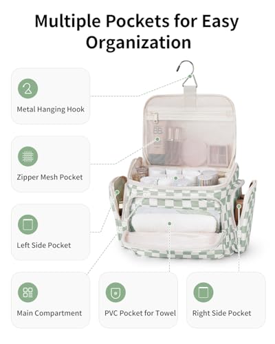 Narwey Hanging Travel Toiletry Bag for Women, Large Makeup Cosmetic Bag - color: A-Green Checkerboard