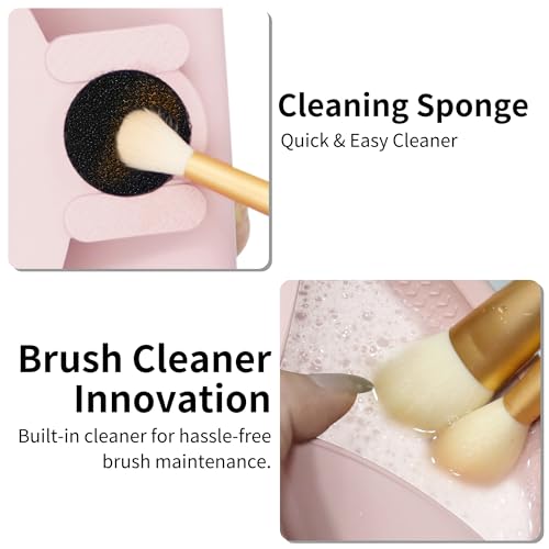 Travel Silicone Makeup Brush Holder with Cleaning Pad and Magnetic Closure - color: Pink