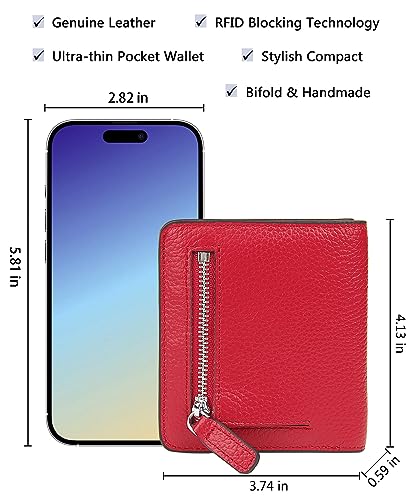 Small Leather Wallet for Women, Ladies Credit Card Holder RFID Blocking Women's Mini Bifold Pocket Purse - color: Red Rfid Blocking
