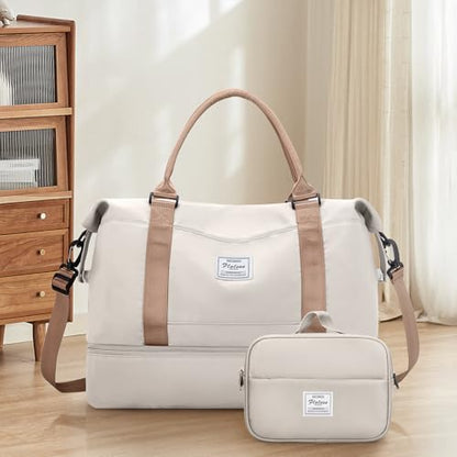 Weekender Bags for Women, Carry-On Overnight Travel Duffel Bag - color: Beige & Brown, size: Extra Large