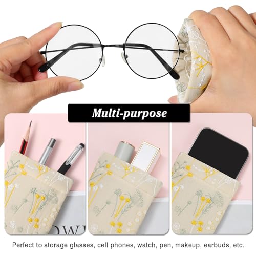 MoKo Squeeze Top Glasses Pouch, Portable Leather Soft Sunglasses Case Anti-Scratch Eyeglasses Bag Goggles Sleeve - color: Flowers Green & Yellow, style: 2 Pack