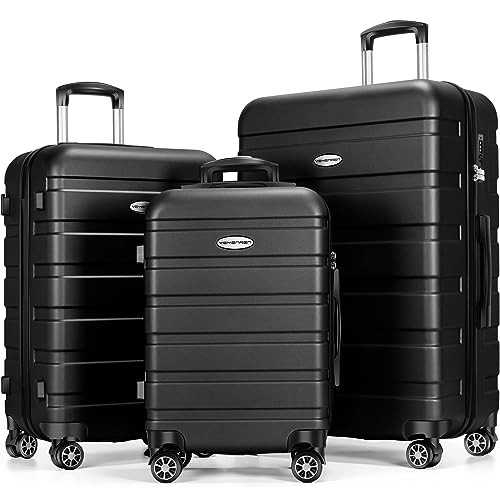 Luggage Sets Hardside Lightweight Suitcase with Spinner Wheels TSA Lock, 3-Piece Set (20/24/28) - color: Black