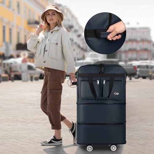 30'' Expandable Rolling Duffle Bag w/Wheels,Foldable - color: NAVY, size: 30in