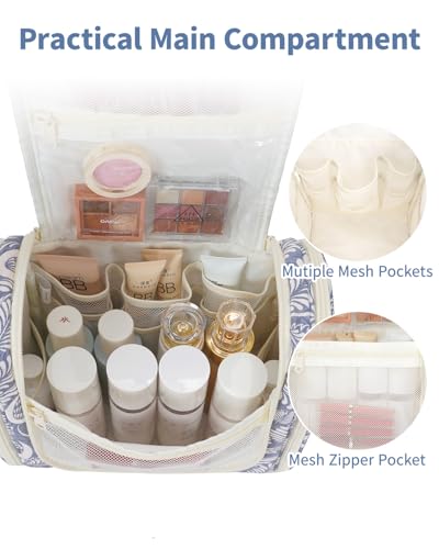 Narwey Large Hanging Travel Toiletry Bag for Women, Makeup Cosmetic Bag - color: B-Blue Leaf, size: Large