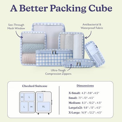 Vandel Space-Saving Compression Packing Cubes for Women 6-Pack Compressible - color: 1. Blue Gingham, size: 6 Pack (Compression)