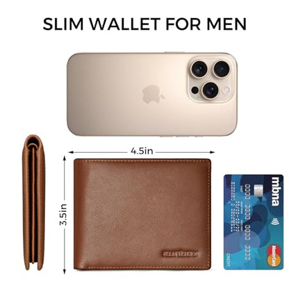 RUNBOX Wallet for Men Leather RFID Blocking Bifold Front Pocket Wallet - color: Brown