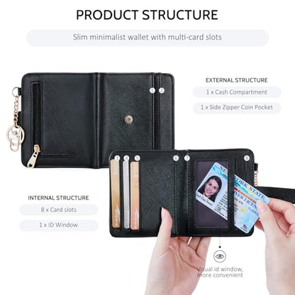 POIUGOYA Slim Wallet for Women RFID Card Holder Keychain - color: Classic Black