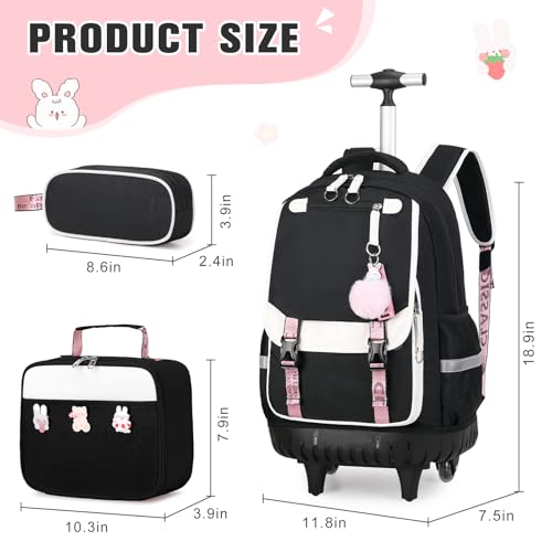 Bevalsa Rolling Backpack for Girls, 3PCS Roller School Backpack Set - color: Black White