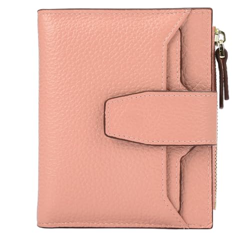 Women's RFID Blocking Leather Small Compact Bi-fold Zipper Pocket Wallet Card Case Purse with id Window - color: Lichee Pink