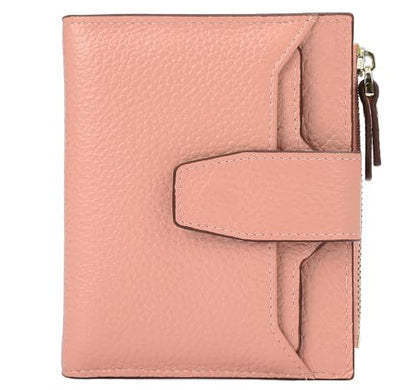 Women's RFID Blocking Leather Small Compact Bi-fold Zipper Pocket Wallet Card Case Purse with id Window - color: Lichee Pink