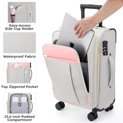 Softside Expandable Carry On Luggage, 20in Carry on Suitcase with Wheels - color: Grey/ Pink