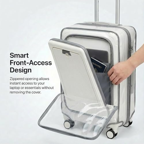 Clear Carry On Luggage Cover, Expandable Width, No Disassembly, 24 Inch with Front Pocket Zipper, PVC Plastic Material, Travel Waterproof Transparent Suitcase Protector - color: Expandable (Front Access Only), size: 24 inch (Right Handle)