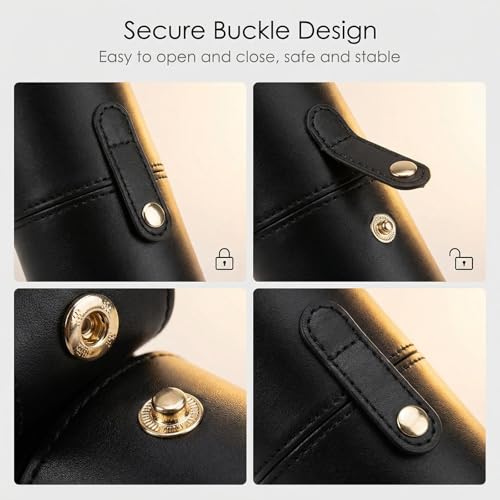 PU Leather Makeup Brush Holder Travel Makeup Brushes Case Makeup Brush Case Organizer Cosmetic Cup Cylinder Makeup Brush Storage Box with Button for Women (Black)