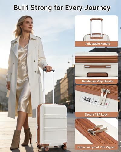 Kono Carry On Luggage Airline Approved with Spinner Wheels TSA Lock - color: Cream White, size: 20-inch/Tb