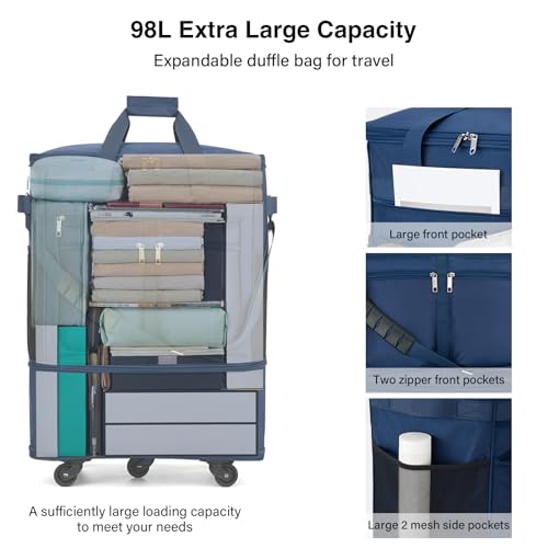 MILADA Expandable Checked Luggage Collapsible Duffle Bag 68L-98L, Blue - color: Blue