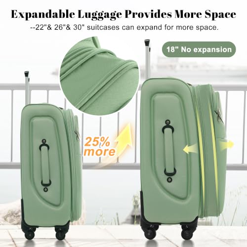 Merax 4-Piece Expandable Luggage Set,Softside Suitcase,Light Green - color: Light Green+18IN, style: Softside Luggage(22/26/30)