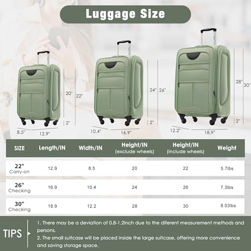 Merax Softside Luggage Set Softshell Lightweight 3 Piece Spinner Suitcase - color: Light Green, style: Softside Luggage(22/26/30)